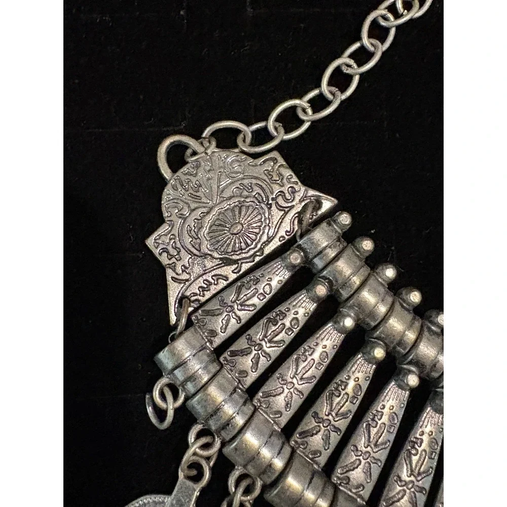 Bohemian Tribal Style Statement‎ Bib Necklace Silver Tone Arabic Coin Accents